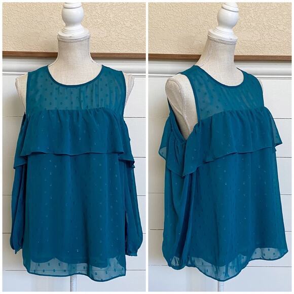 Old Navy Fairycore Glam Glitter Dot Cold Shoulder Blouse Deep Turquoise Blue- M - Picture 1 of 8